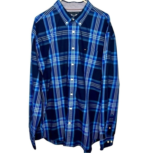 Tommy Hilfiger Men Plaid Shirt 100% Cotton Classic Fit Button Up Blue Size XXL - Picture 1 of 6